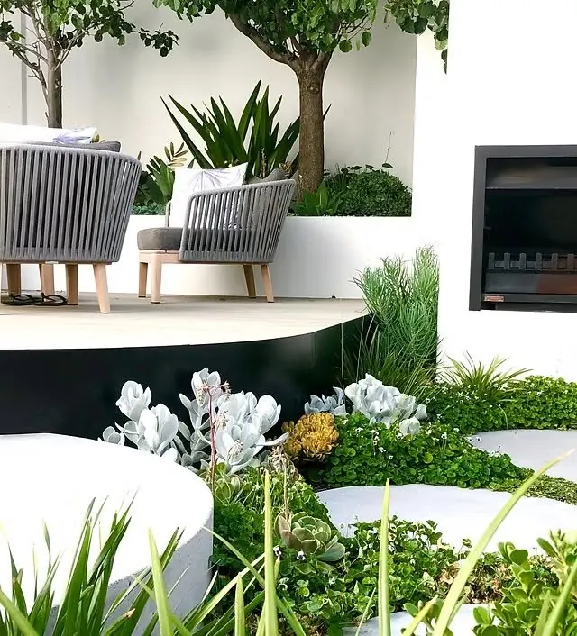 Outdoor living area with raised deck, rendered walls and succulent planting